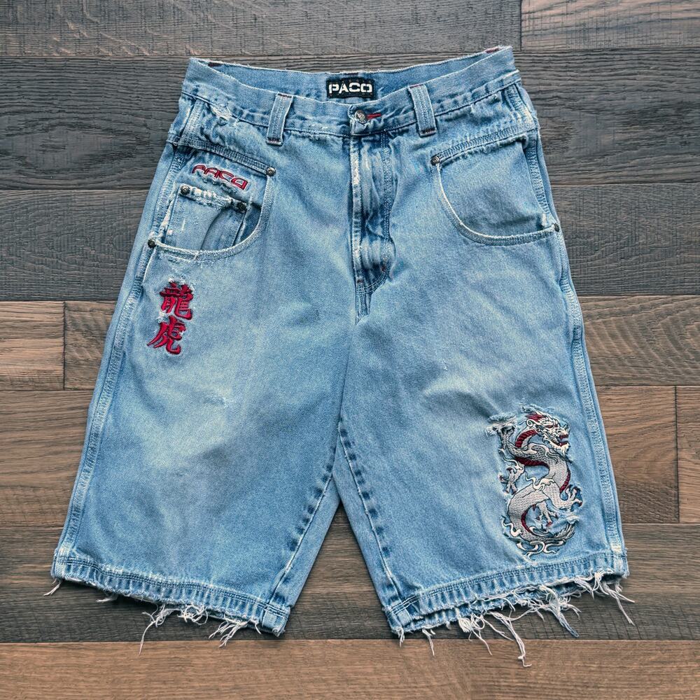 Vintage '90s PACO Baggy Pipes Dragon Embroidered Rave/Skater Jorts